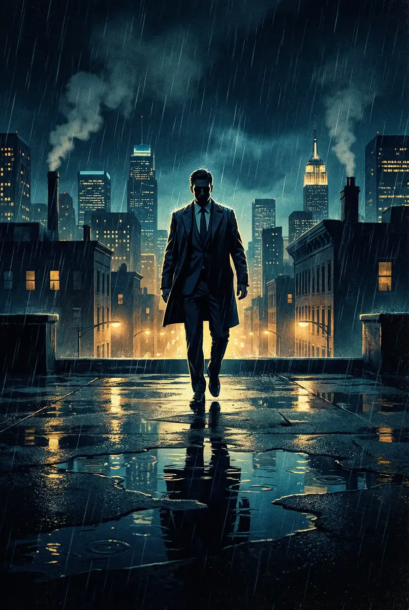 涩漫 出品影片《雨夜独行者》海报，雨中城市屋顶男性剪影
